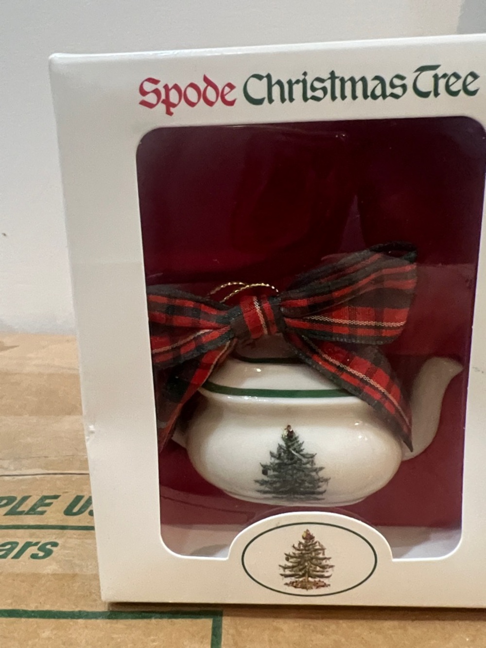Spode White Teapot Ornament with Green Trim and Red Plaid Bow